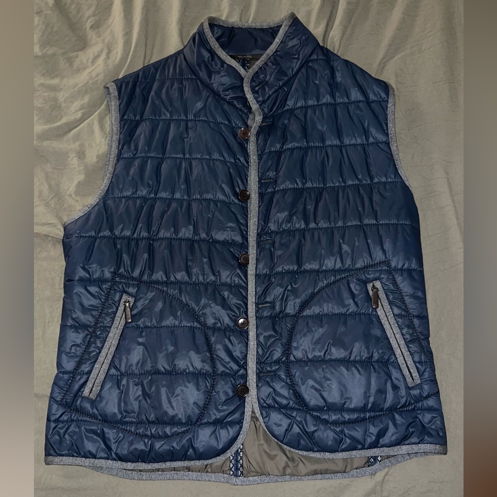 Paul Stuart Made in Italy Nylon Quilted Puffer Vest with Wool Trim - Blue Large